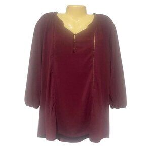 Womens Burgundy 3/4 Sleeve Tunic Top With Button Front Accent